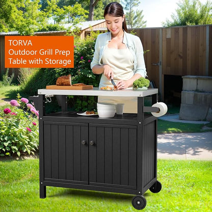 TORVA Portable Outdoor Grill Cart with Storage, Waterproof HDPE BBQ Prep Table for Patio & Backyard, 304 Stainless Steel Top, All-Weather Use, Camping Cart with Wheels, 42.12" L x 20.71" W, Black