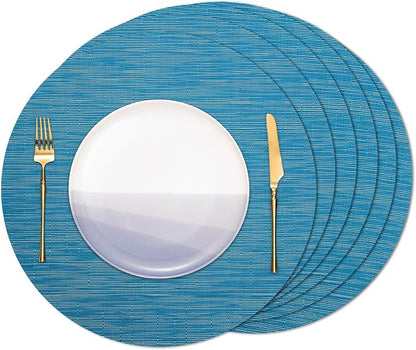 15 Inch Round Placemats Set of 6, Washable Vinyl Woven Place Mats | Heat Resistant Non-Slip Braided Table Mats for Dining Table Kitchen Indoor & Outdoor Use (Blue, Set of 6)