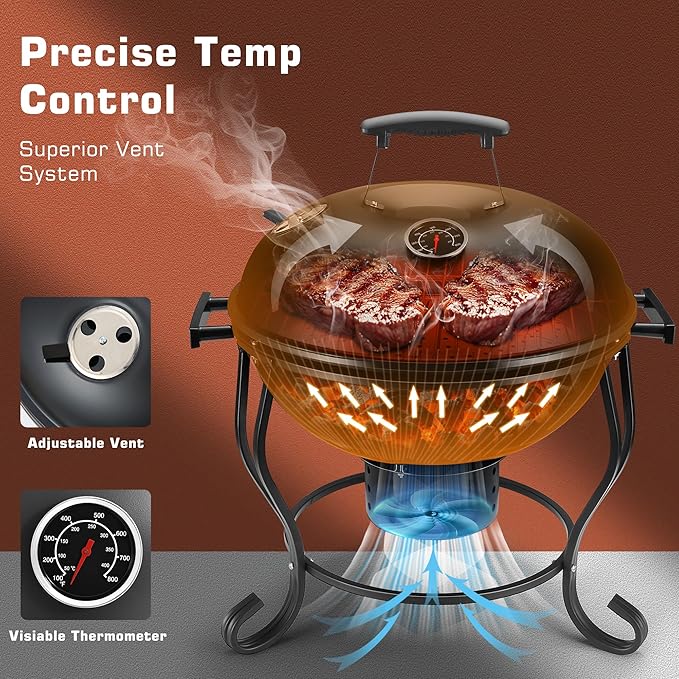 18 Inch Portable Charcoal Grill with Adjustable Fan, Outdoor BBQ Fire Pit, Easy to Light Charcoal/Wood, Small Round Kettle Smoker for Backyard Cooking, Barbeque, Camping, Black