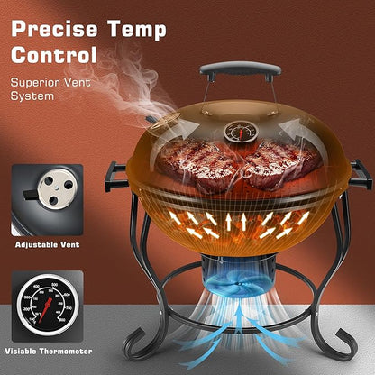 18 Inch Portable Charcoal Grill with Adjustable Fan, Outdoor BBQ Fire Pit, Easy to Light Charcoal/Wood, Small Round Kettle Smoker for Backyard Cooking, Barbeque, Camping, Black