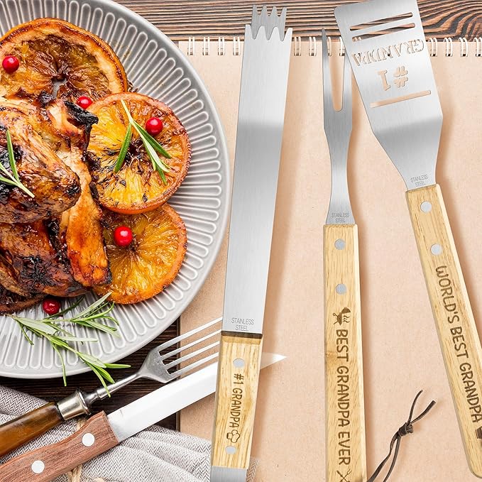 Haooryx Grandpa Grilling BBQ Tool Accessories Set - 3Pcs Best Grandpa Ever Stainless Steel Grilling Spatula Tong Fork Father's Day Birthday Present Outdoor Camping Barbecue Housewarming Party Supplies