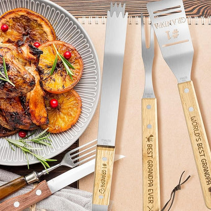 Haooryx Grandpa Grilling BBQ Tool Accessories Set - 3Pcs Best Grandpa Ever Stainless Steel Grilling Spatula Tong Fork Father's Day Birthday Present Outdoor Camping Barbecue Housewarming Party Supplies