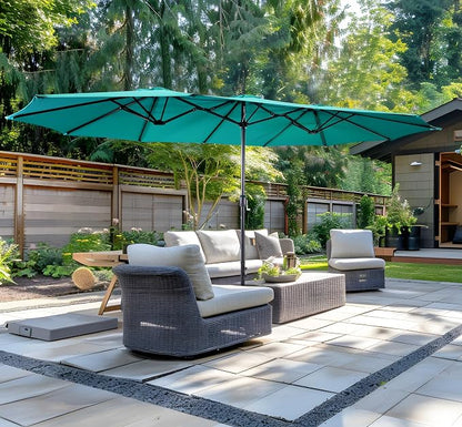 15ft Patio Umbrella with Base, 10-Year-No-Fade Large Outdoor Double-Sided Market Umbrella with UPF50+Terylene Polyester Fabric and Crank for Poolside Garden Deck Backyard Beach Pools