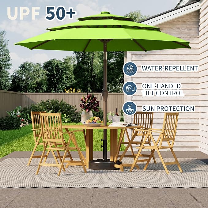 9FT 3 Tiers Patio Umbrella With Auto Tilt And Crank, Outdoor Table Market Umbrella with 8 Sturdy Ribs for Garden, Lawn, Deck, Backyard and Pool