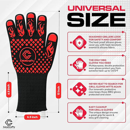 PRO-Series BBQ Gloves - Extreme Heat Resistant 1472°F | EN407 Certified Fireproof/Heatproof Grill Mitts with Silicone Grip | 13” Long for Grilling, Baking, Cooking, Camping & Welding by CASACRAFTY