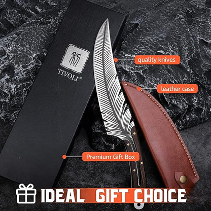 TIVOLI Feather Carving Knife,8 inch Boning Butcher Knife for Meat Cutting, Hand Forged High Carbon Steel Viking Fillet Knife for Brisket Outdoor Camping BBQ Father's Day Christmas Gift Men Women