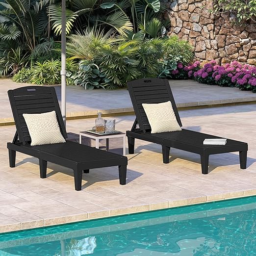 DWVO Outdoor Plastic Chaise Lounger, Poolside Lounge Chair w/5-Position Adjustable Backrest, Waterproof & Easy Setup for Patio, Poolside, Garden (Black, 1 PC)