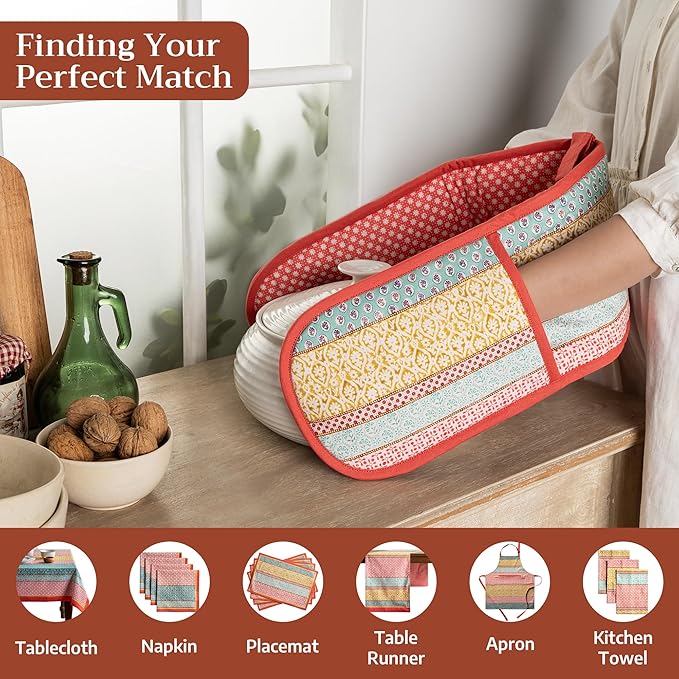 Maison d' Hermine Double Oven Mitts 100% Cotton 7"x35" Double Oven Mitt Heat Resistant BBQ Cooking Gloves with Loop Baking Grilling Kitchen Hotel Home Farmhouse Spring Summer (Provence)