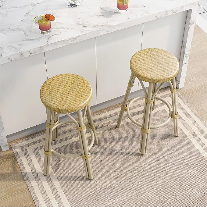 Seadrift Boho 26-inch Aluminum and All-Weather Wicker Barstools with Footrest, Patio Stools & Bar Chairs for Outdoor, Kitchen Counter, Poolside, Yard, Set of 2, Natural