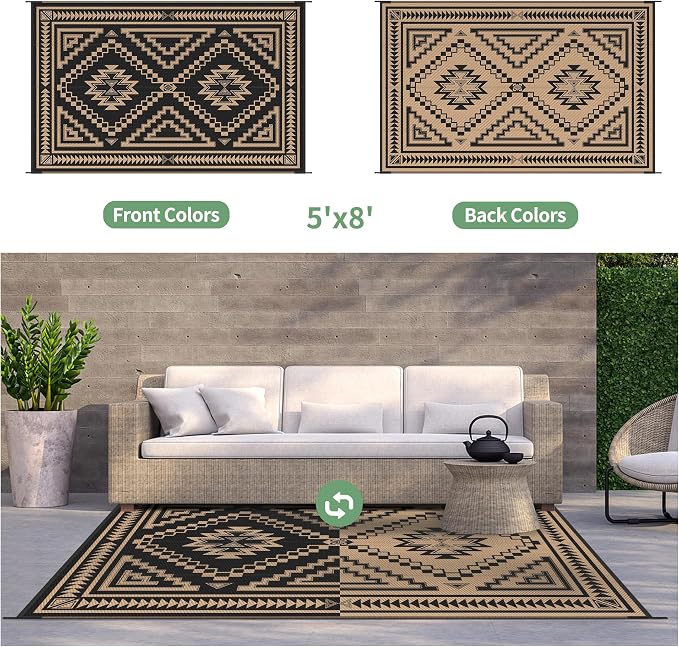 GENIMO Outdoor Rug, Waterproof Plastic Rugs for Patio, 5'x8' Dark Brown | Outside Larger Modern Carpet Mat for Porch Decor, Deck, Balcony, Camping, RV, Backyard, Picnic, Beach, Reversible, Foldable