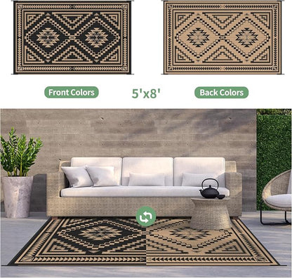 GENIMO Outdoor Rug, Waterproof Plastic Rugs for Patio, 5'x8' Dark Brown | Outside Larger Modern Carpet Mat for Porch Decor, Deck, Balcony, Camping, RV, Backyard, Picnic, Beach, Reversible, Foldable