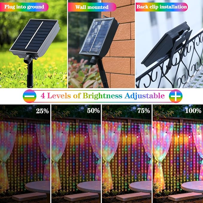 Solar Curtain Lights Outdoor Waterproof, 300LED 9.8x9.8FT Fairy String Lights with USB-C & Solar Charging, Remote Timer Twinkle Waterfall Lights for Patio Garden Wedding Decor (Colorful)