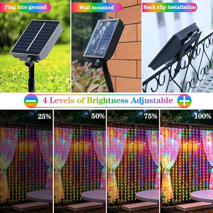 Solar Curtain Lights Outdoor Waterproof, 300LED 9.8x9.8FT Fairy String Lights with USB-C & Solar Charging, Remote Timer Twinkle Waterfall Lights for Patio Garden Wedding Decor (Colorful)