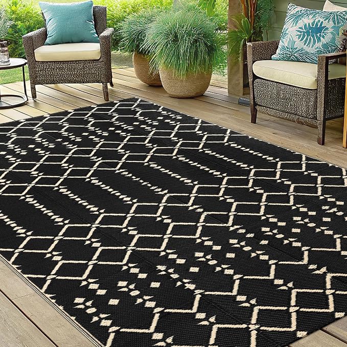 Smiry Outdoor Rug 5x8 ft Waterproof Reversible Boho Mat, Beige | Polypropylene Plastic Straw, Quick Drying, Lightweight Foldable, for Patio, Deck, RV Camping, Backyard and Indoor Outdoor Use