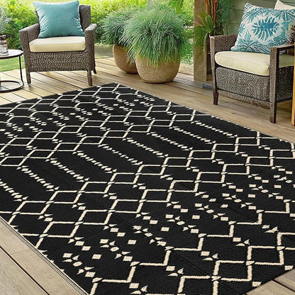 Smiry Outdoor Rug 5x8 ft Waterproof Reversible Boho Mat, Beige | Polypropylene Plastic Straw, Quick Drying, Lightweight Foldable, for Patio, Deck, RV Camping, Backyard and Indoor Outdoor Use
