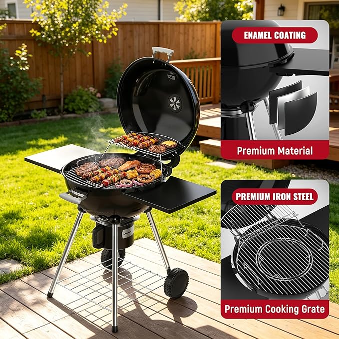 Kettle Charcoal Grill with Porcelain-Enameled Lid & Ash Cup, Adjustable Vents, Foldable Side Table for Outdoor Barbecue, Patio and Picnics, Black