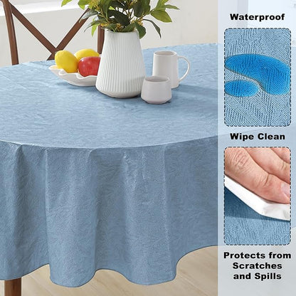 Newbridge Napa Leaf Blue Vinyl Flannel Backed Tablecloth, 60 x 84 Inch Oval, Hotel Quality Waterproof Indoor Outdoor Table Cover for Kitchen, Patio, Dining, BBQ