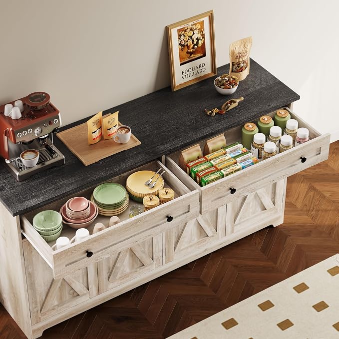 IRONCK Buffet Cabinet with Storage, Sideboard Cabinet with Drawers & Doors | 2 Drawers, 4 Doors and 2 Adjustable Shelves. 59inch Wide. FSC-certified Wood. Anti-tip Device. Charcoal Grey and Beige Maple.