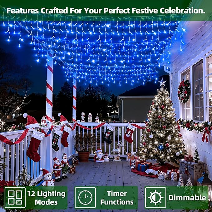 1620 LED 164FT Christmas Lights,360 Drops Icicle Lights with 12 Modes | Blue Icicle String Lights with Timer and Dimming for Rooflines, Large Eaves, Event Venues and Outdoor Displays