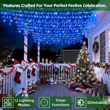 1620 LED 164FT Christmas Lights,360 Drops Icicle Lights with 12 Modes | Blue Icicle String Lights with Timer and Dimming for Rooflines, Large Eaves, Event Venues and Outdoor Displays