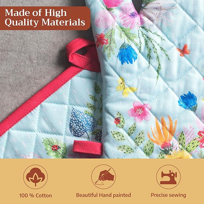 Maison d' Hermine 100% Cotton Oven Mitt & Pot Holder Set (7.5"x13" & 8"x8") Heat Resistant BBQ Cooking Gloves with Loop Baking Grilling Kitchen Hotel Home Farmhouse Spring Summer (Jardin D'Ete - Mint)