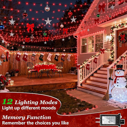Christmas Tree String Lights Green Wire 75FT 300 LED Red | Dimmable, 12 Light Styles, Memory Timer, Waterproof, 29V Safe Low Voltage, Diamond-Faceted LED, Energy Efficiency