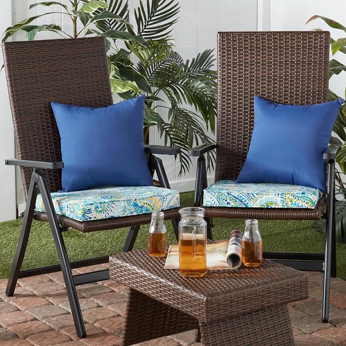 Outdoor 18 inch Square Patio Dining Chair Pads – Comfortable Fiber-Filled Seat Cushions with Ties, Reversible Polyester Fabric - Baltic Paisley, Set of 2