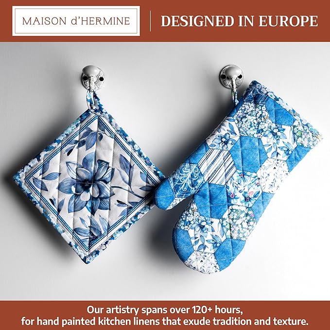 Maison d' Hermine 100% Cotton Oven Mitt & Pot Holder Set (7.5"x13" & 8"x8") Heat Resistant BBQ Cooking Gloves with Loop Baking Grilling Kitchen Hotel Home Farmhouse Spring Summer (Summer Blues)