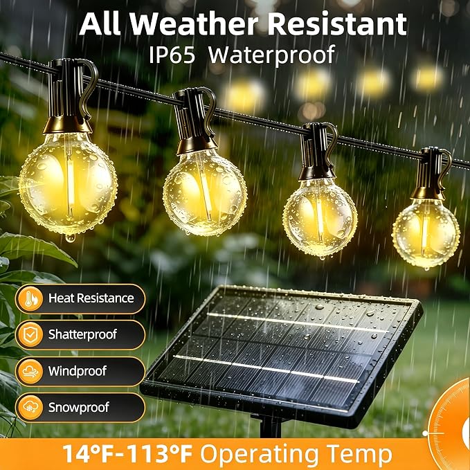 Solar Lights Outdoor Patio Lights 40FT G40 Waterproof Dimmable | 13 Shatterproof Edison Bulbs Patio Lights, Solar or USB charging, 3 Light Modes for Backyard, Porch, Deck, Balcony, Garden