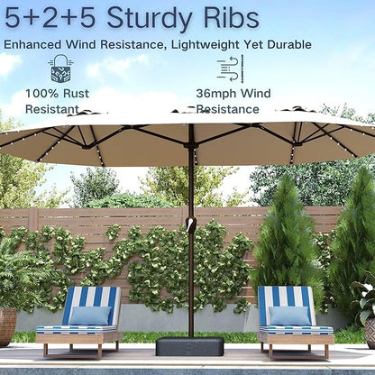 Kingdura 13ft Large Patio Umbrella with Solar Lights, Double-Sided Rectangle Outdoor Table Umbrella with Base Included, 12 Reinforced Ribs, 48 Led Lights, Crank Lift for Market Pool Deck, Beige