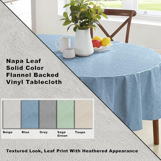 Newbridge Napa Leaf Blue Vinyl Flannel Backed Tablecloth, 60 x 84 Inch Oval, Hotel Quality Waterproof Indoor Outdoor Table Cover for Kitchen, Patio, Dining, BBQ