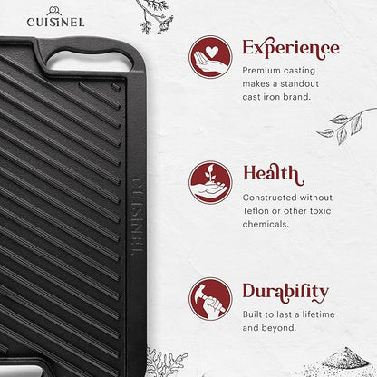 Cuisinel Cast Iron Griddle/Grill + Scraper/Cleaner - Reversible Pre-Seasoned 16.75" X 9.5"-inch Dual Handle Flat Skillet and Griller Pan - Works Indoor/Outdoor, Stove Burner, Gas, Fire