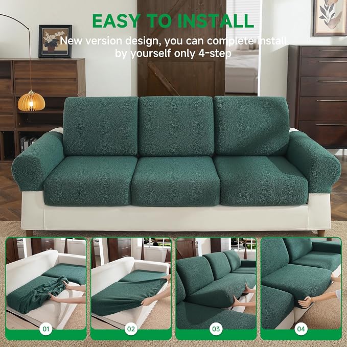 OHSIO Couch Cushion Covers for Sectional Sofa, Stretch Soft Sofa Slipcovers Washable Wear-Resistant Universal Furniture Protector for Living Room(3 Seaters Covers, Green)