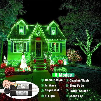 Vivideal 100 LED 33ft String Lights Indoor, St Patricks Day Lights 8 Modes Clear Wire Waterproof Plug in Green Christmas Lights for Holiday Party Xmas Tree Decorations