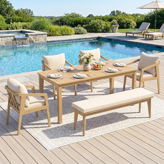 Wisteria Lane 6-Pieces Acacia Patio Table and Chairs Set for 6, Outdoor Dining Set with Umbrella Hole Table, Modern Patio Table Set with Cushion, Patio Furniture Set for Backyard Deck Garden Porch