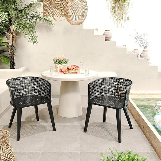 Christopher Knight Home Set of 2 Rivera Patio Iron Frame Dining Chairs, Geometric-Carved Pattern Round Backrest, Armchair for Kitchen, Restaurant, Garden, Balcony, Porch, Backyard, Poolside, Black