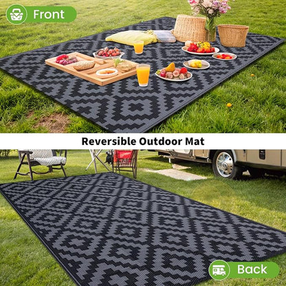 Smiry Outdoor Rug 10x14 ft Waterproof Reversible Boho Mat, Black & Grey | Polypropylene Plastic Straw, Quick Drying, Lightweight Foldable, for Patio, Deck, RV Camping, Backyard and Indoor Outdoor Use