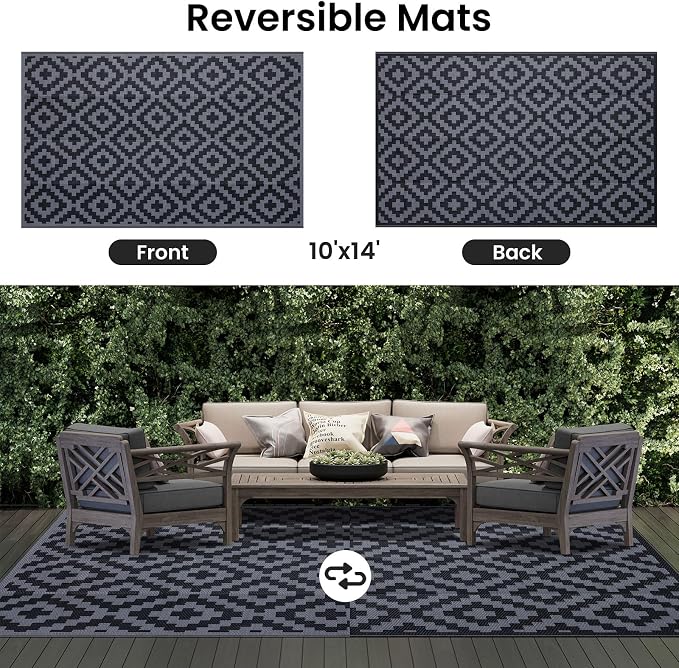 Smiry Outdoor Rug 10x14 ft Waterproof Reversible Boho Mat, Black & Grey | Polypropylene Plastic Straw, Quick Drying, Lightweight Foldable, for Patio, Deck, RV Camping, Backyard and Indoor Outdoor Use