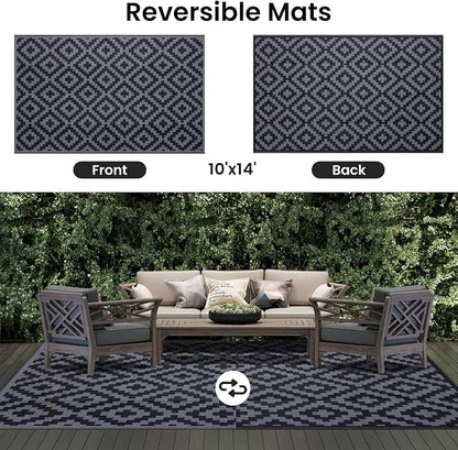 Smiry Outdoor Rug 10x14 ft Waterproof Reversible Boho Mat, Black & Grey | Polypropylene Plastic Straw, Quick Drying, Lightweight Foldable, for Patio, Deck, RV Camping, Backyard and Indoor Outdoor Use
