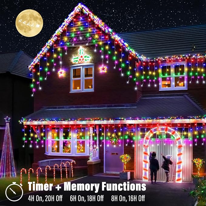 Joomer 33FT RGB Christmas Icicle Lights Outdoor Non-Connectable Xmas Lights | with Remote Timer Waterproof Plug-in String Light for Xmas Party, holiday Eaves Roof Christmas Decorations