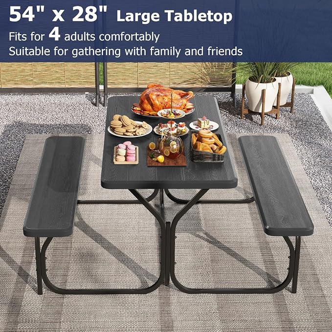 GYMAX Picnic Table, Picnic Bench Easy to Assemble w/All Weather Wood Grain Tabletop & Metal Frame, Picnic Tables for Outdoors Camping Backyard Deck Patio Poolside Dining Party