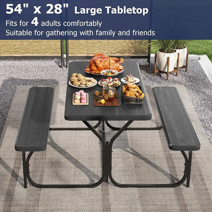 GYMAX Picnic Table, Picnic Bench Easy to Assemble w/All Weather Wood Grain Tabletop & Metal Frame, Picnic Tables for Outdoors Camping Backyard Deck Patio Poolside Dining Party