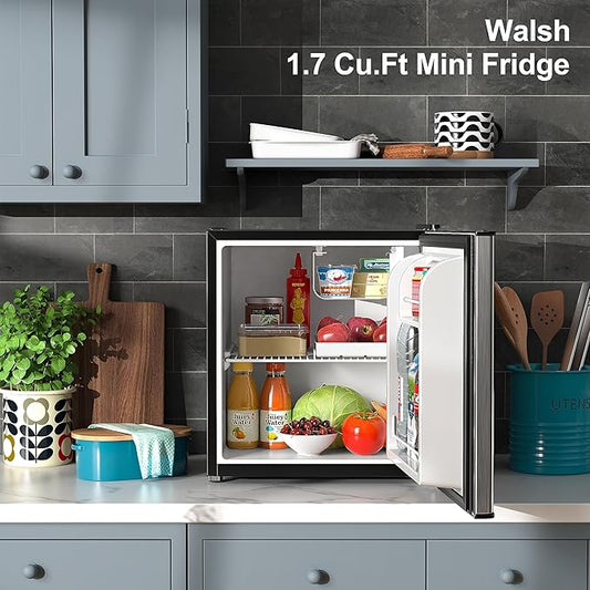 Walsh Compact Refrigerator, Single Door Mini Fridge, Energy Efficient, Adjustable Mechanical Thermostat with Chiller, Reversible Doors and Leveling Front Legs, 1.7 Cu Ft., Stainless Steel