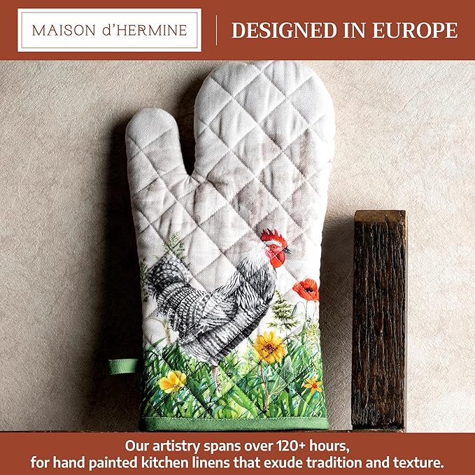 Maison d'Hermine Oven Gloves 100% Cotton Oven Mitt 7" x 13" with Loop Heat Resistant BBQ Cooking Gloves Baking Grilling Kitchen Hotel Home Farmhouse Spring Summer (Pack of 1, Basse Cour)