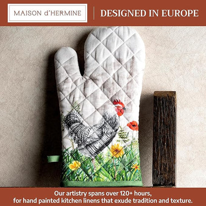 Maison d'Hermine Oven Gloves 100% Cotton Oven Mitt 7" x 13" with Loop Heat Resistant BBQ Cooking Gloves Baking Grilling Kitchen Hotel Home Farmhouse Spring Summer (Pack of 1, Basse Cour)