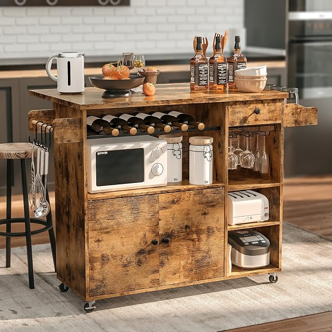 IRONCK Kitchen Island Cart with Wheels for Kitchen and Dining Room | Wine Rack, Drawers, Open Shelves, Storage, Drawer space