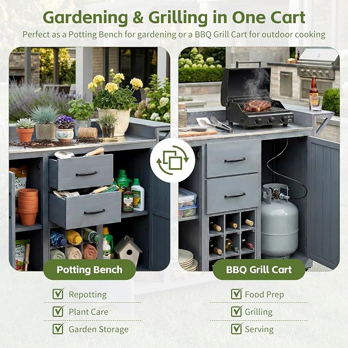 60.2''W Outdoor Kitchen Island with Wheels, Solid Fir Wood Kitchen Cart Grill Cart with Stainless Steel Top, Spice Rack, Wine Rack, 2 Bottom Cabinets with Adjustable Shelves, 2 Drawers (Gray-117)