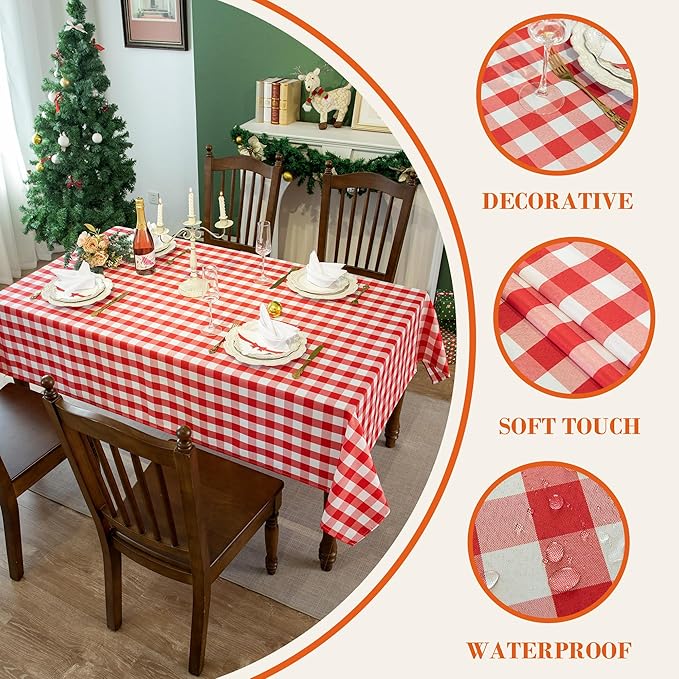 Red and White Gingham Tablecloth, Waterproof Outdoor Picnic Table Cover for Summer BBQ, Farmhouse Kitchen, Patio Dining, Reusable Machine Washable Checkered Table Cloth, W60 x L102 in