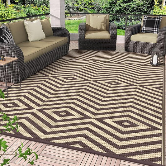 GENIMO Outdoor Rug, Waterproof Plastic Rugs for Patio, 8'x10' Mocha Beige | Outside Larger Modern Carpet Mat for Porch Decor, Deck, Balcony, Camping, RV, Backyard, Picnic, Beach, Reversible, Foldable
