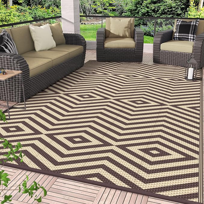 GENIMO Outdoor Rug, Waterproof Plastic Rugs for Patio, 6'x9' Mocha Beige | Outside Larger Modern Carpet Mat for Porch Decor, Deck, Balcony, Camping, RV, Backyard, Picnic, Beach, Reversible, Foldable